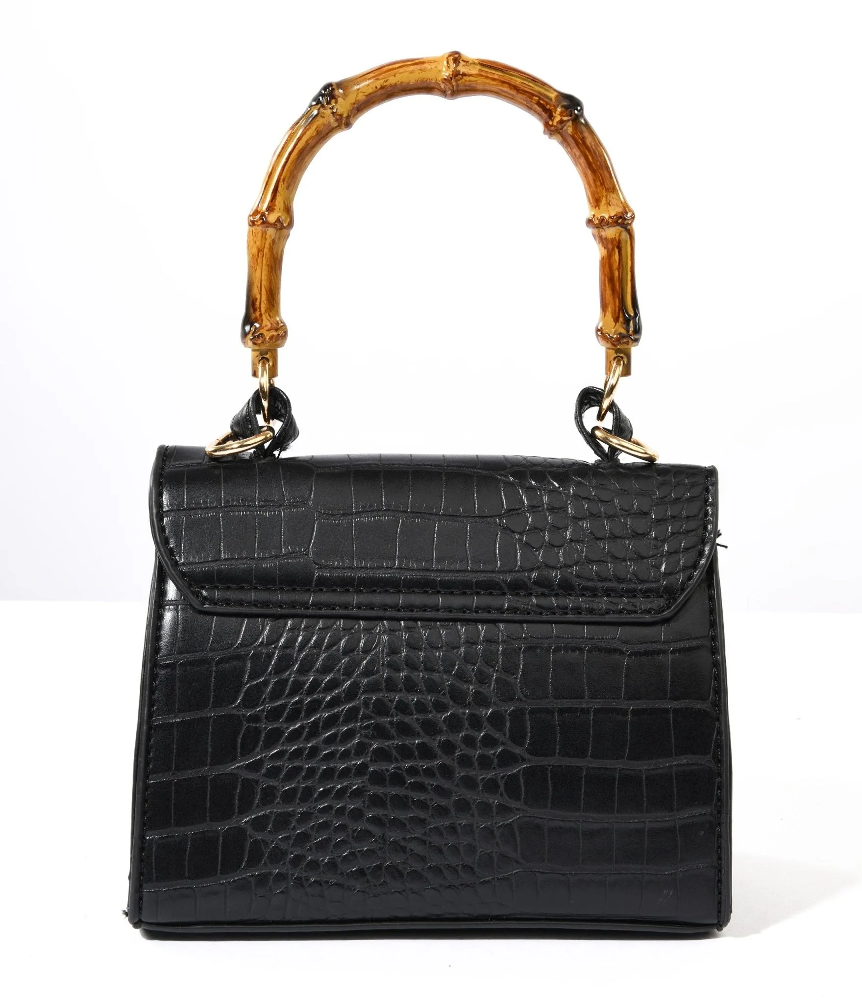 Black Reptile Embossed Bamboo Handle Handbag