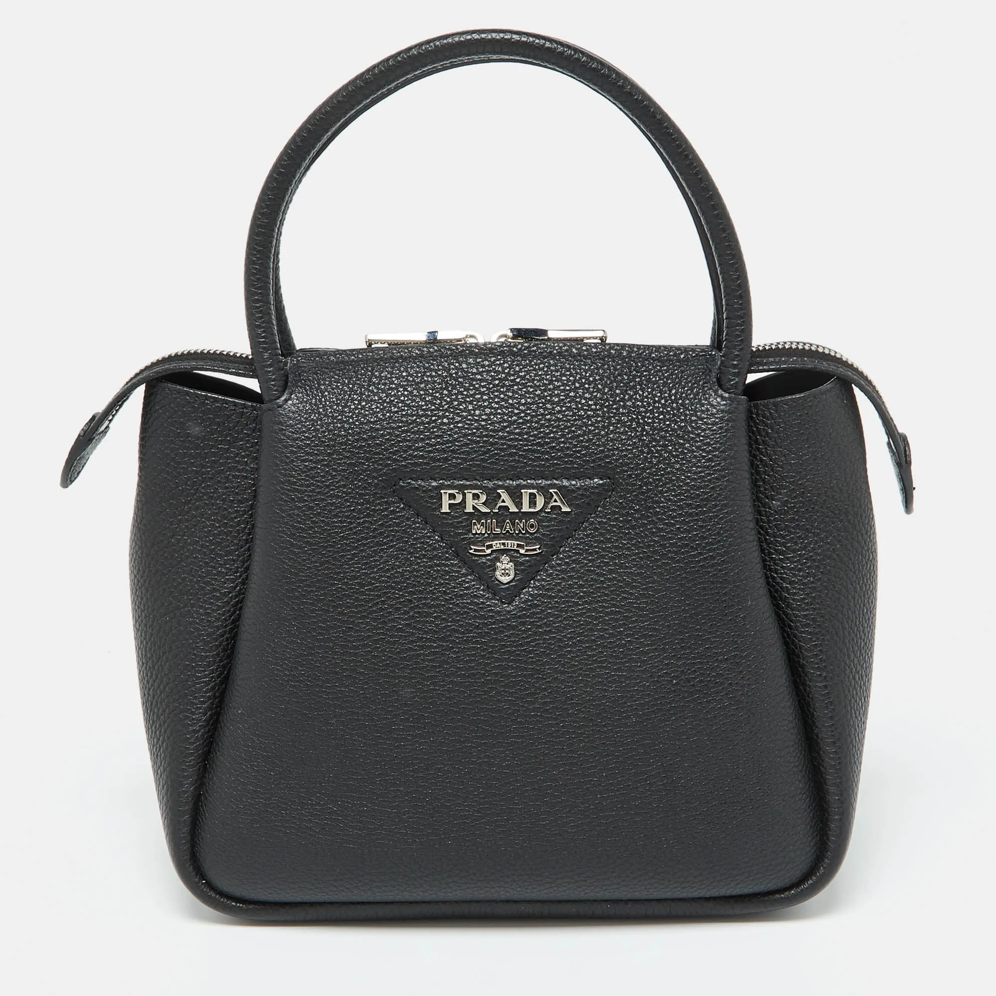 Black Vitello Leather Daino Top Zip Satchel