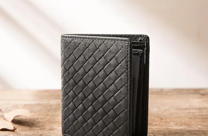 Braided Leather Mens Small Wallets Bifold Slim Front Pocket Wallet for Men