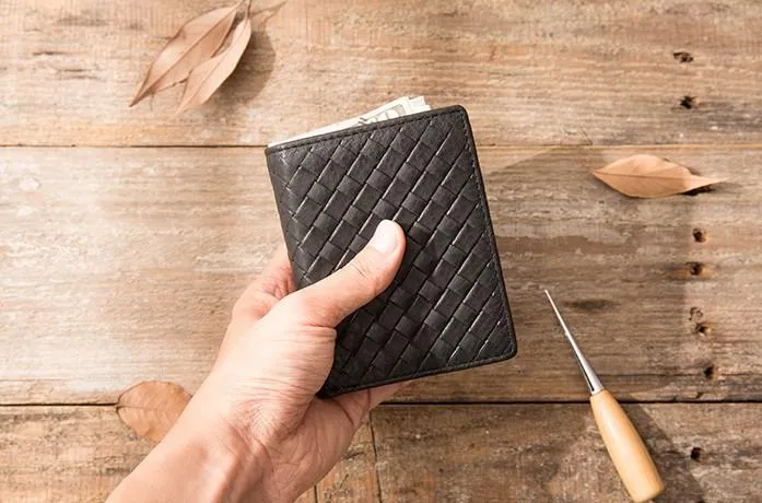 Braided Leather Mens Small Wallets Bifold Slim Front Pocket Wallet for Men