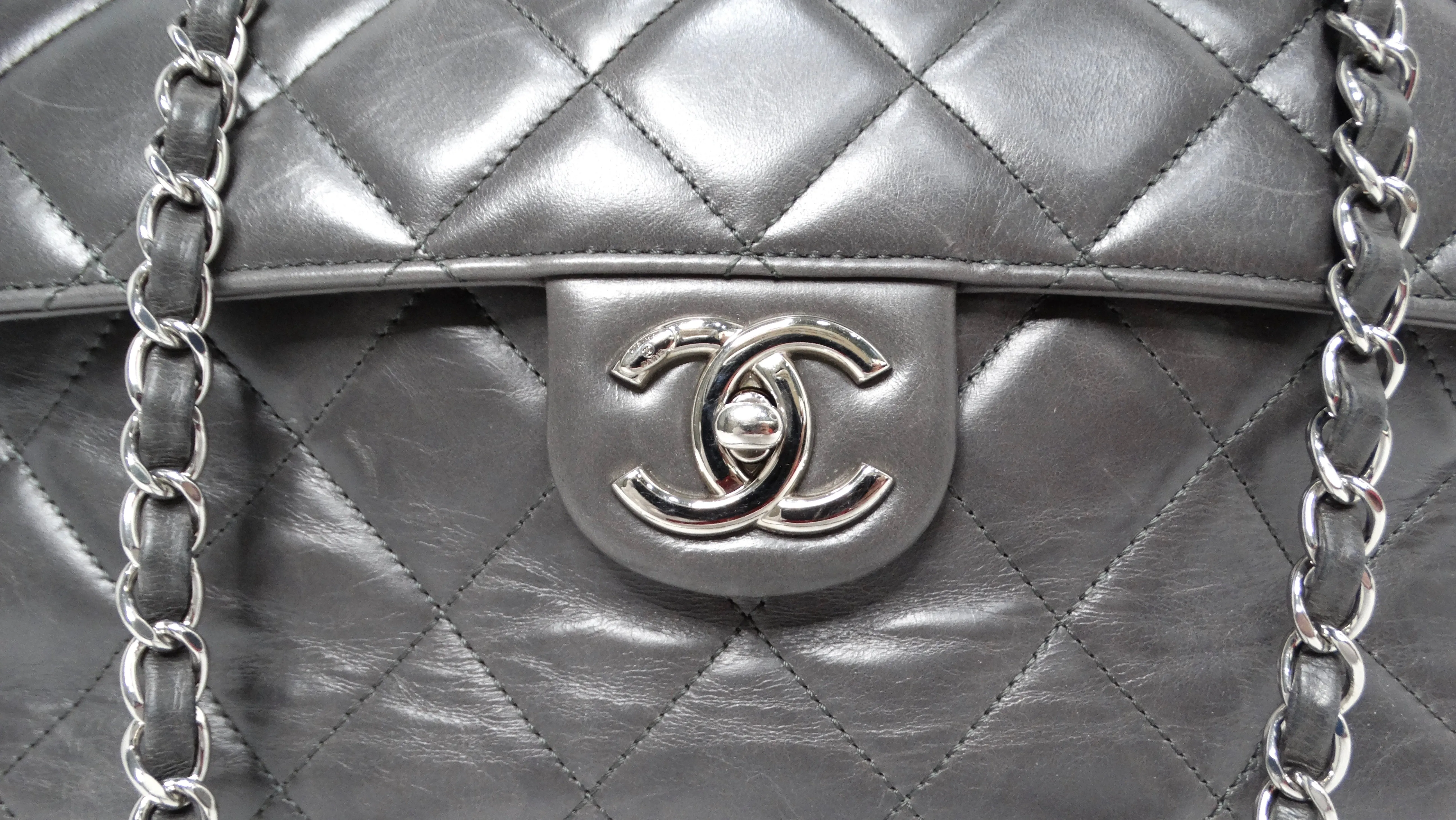 Chanel 2015 Charcoal Grey Large CC Delivery Glazed Calfskin Quilted Tote Bag