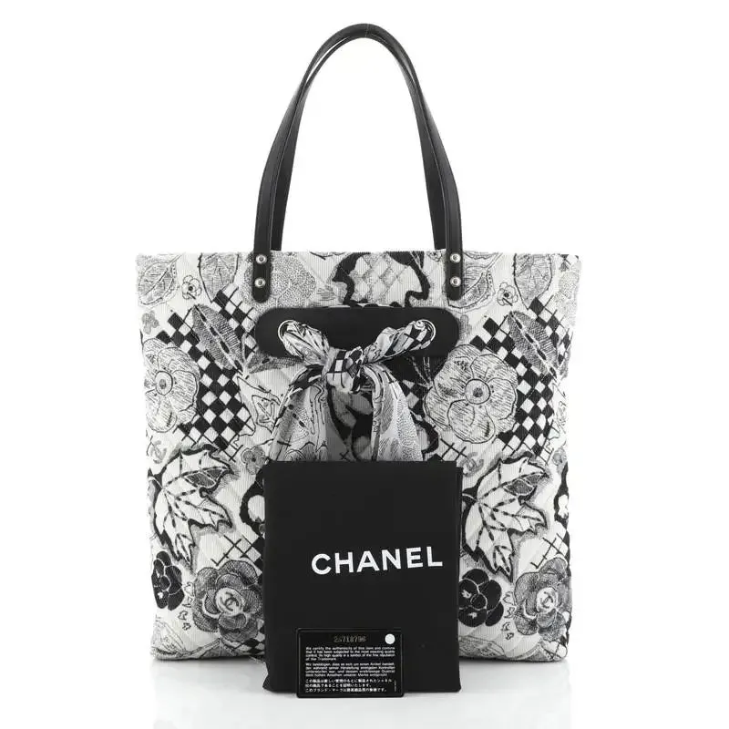 CHANEL CAMELLIA QUILTED CORDUROY & SILK SCARF TOTE BAG