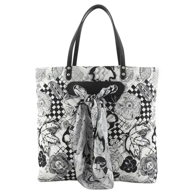 CHANEL CAMELLIA QUILTED CORDUROY & SILK SCARF TOTE BAG