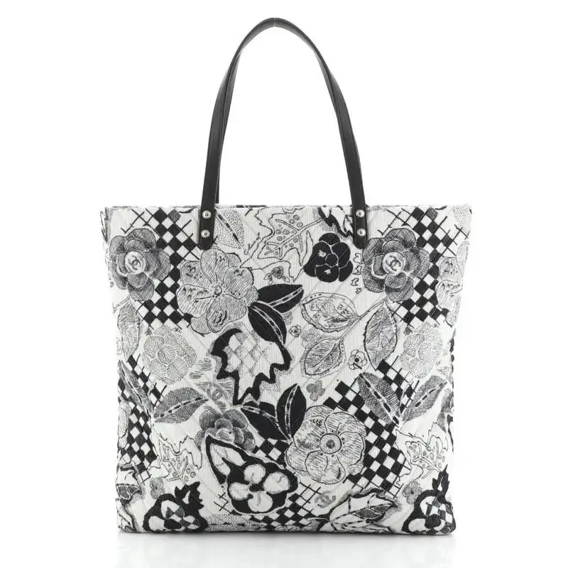 CHANEL CAMELLIA QUILTED CORDUROY & SILK SCARF TOTE BAG