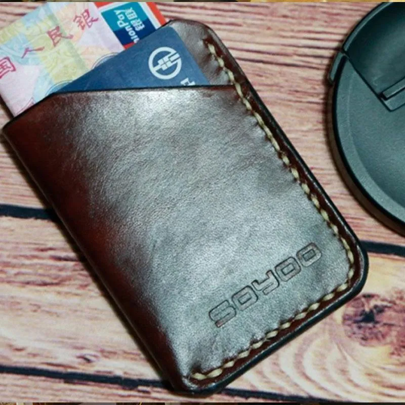 Coffee Leather Mens Slim Front Pocket Wallets Leather Card Wallet for Men