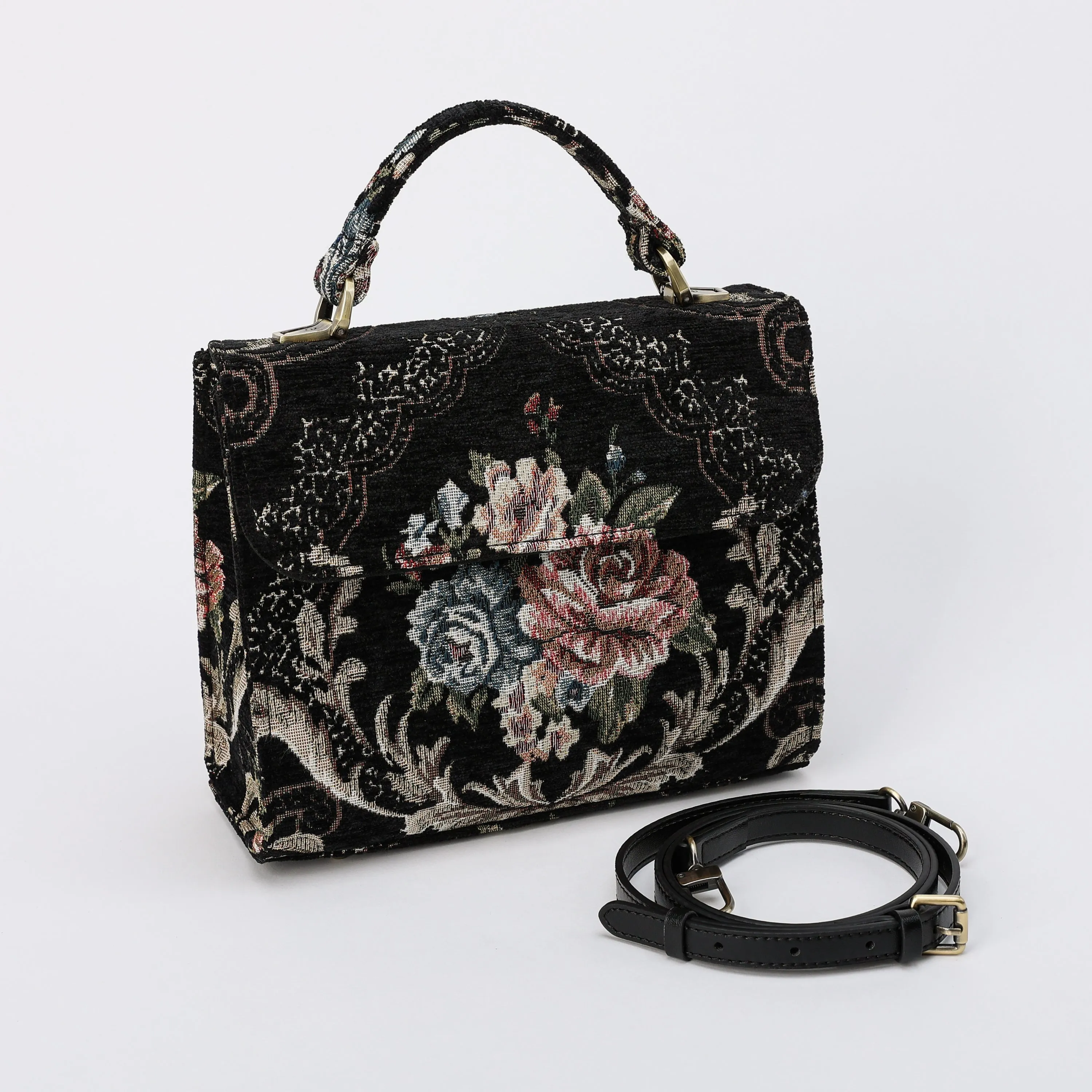 Floral Black Flap Satchel