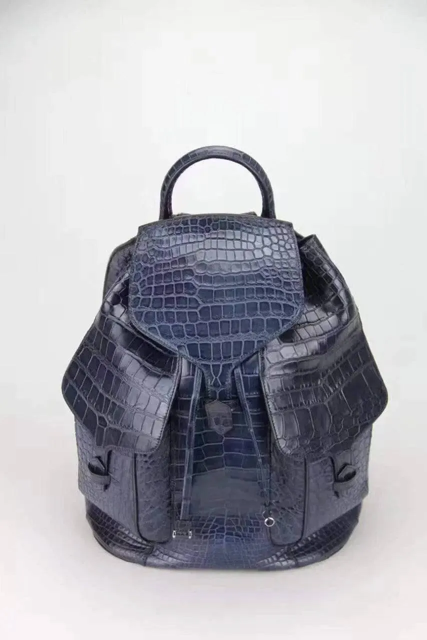 Genuine Crocodile Belly  Leather Backpack Blue