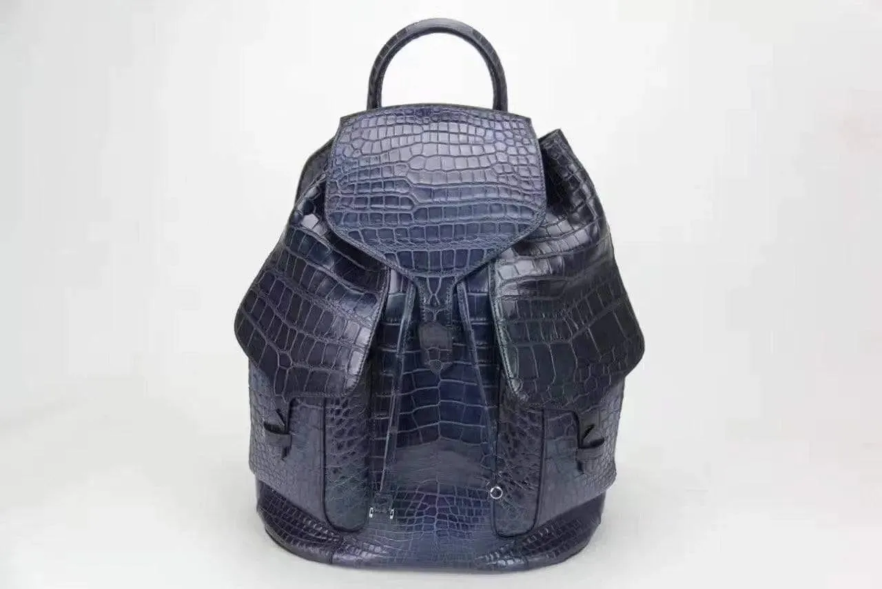 Genuine Crocodile Belly  Leather Backpack Blue