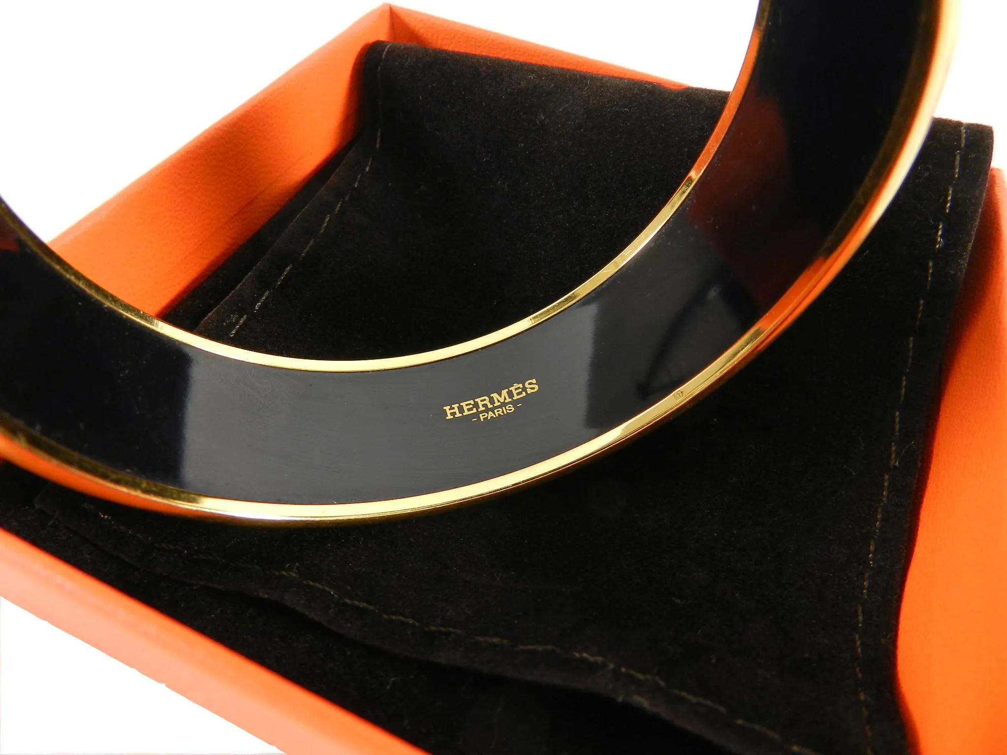 Hermes Black Enamel Textured Engraved Wide Bangle Bracelet