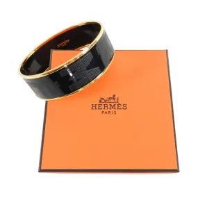 Hermes Black Enamel Textured Engraved Wide Bangle Bracelet