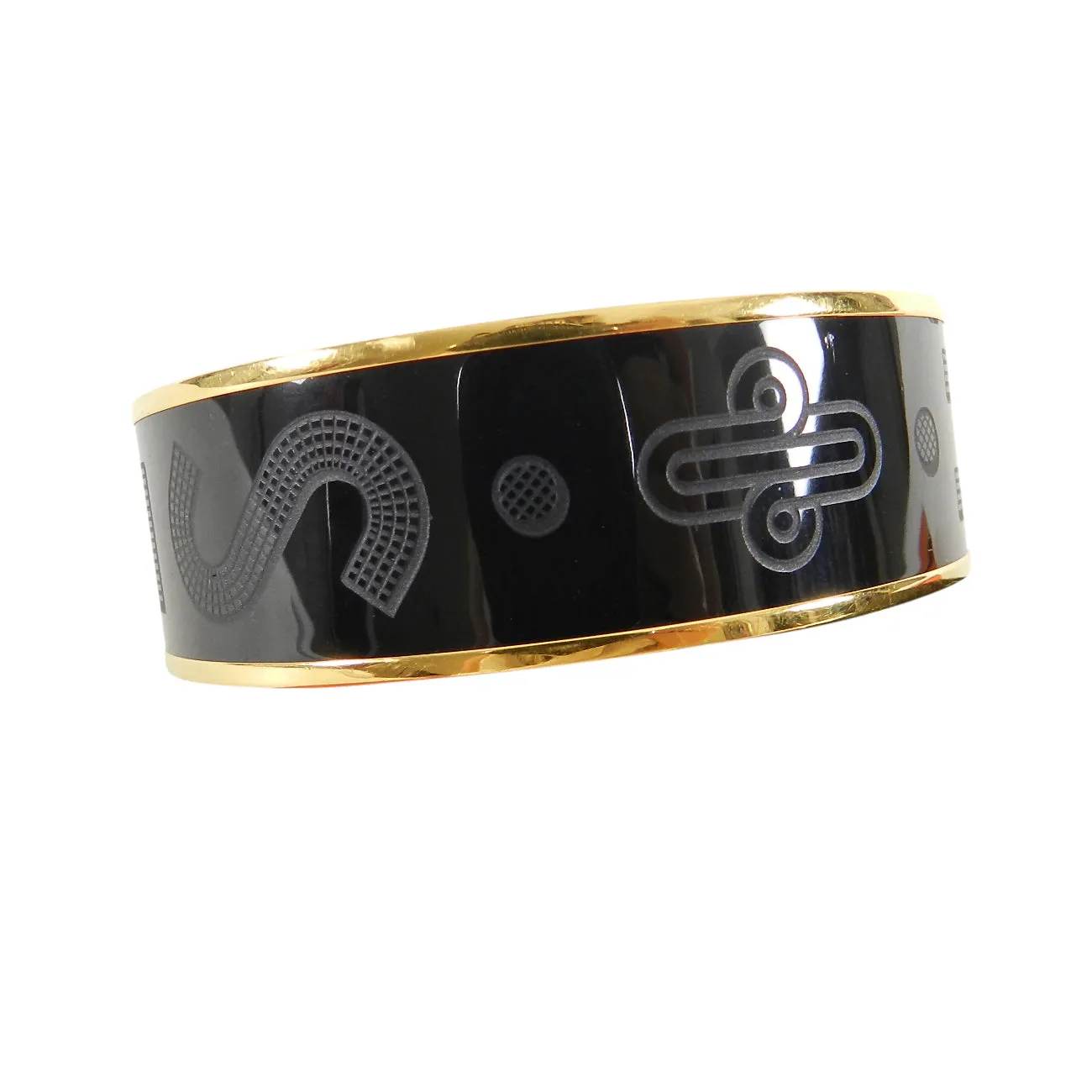 Hermes Black Enamel Textured Engraved Wide Bangle Bracelet