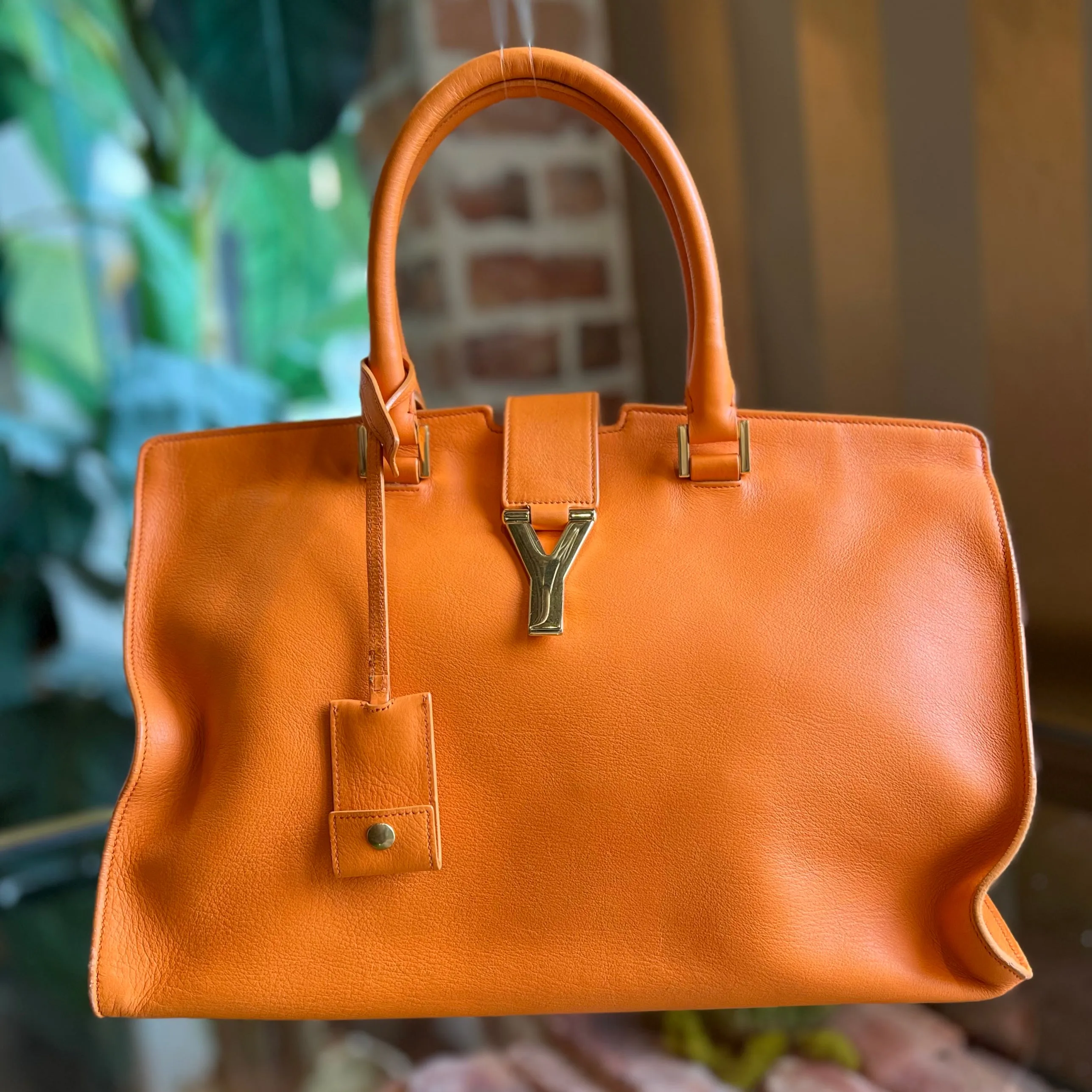 SAINT LAURENT Classic ChYc Cabas Medium Orange Calfskin Leather Tote Bag