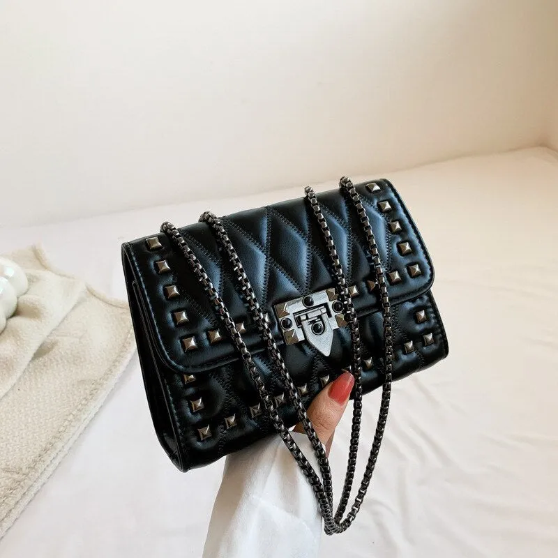 Vvsha Luxury Rivet Chain Crossbody Bags For Women Diamond Lattice PU Leather Shoulder Bag Trendy Lock Ladies Purses and Handbags 2023